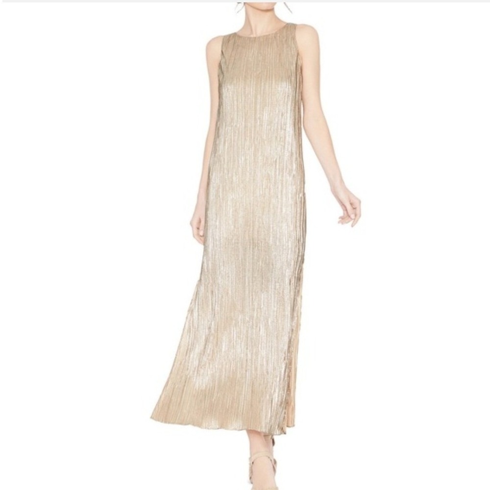 Alice + Olivia Lucia High Slit Metallic Plisse Maxi Dress Size L Gold Formal